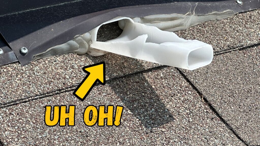 Garbage plastic bat excluder breaks down in sun. Installed by non specialists wildlife control company hack. photo By Bat Control Specialists Canadas No1 bat control and bat removal company.