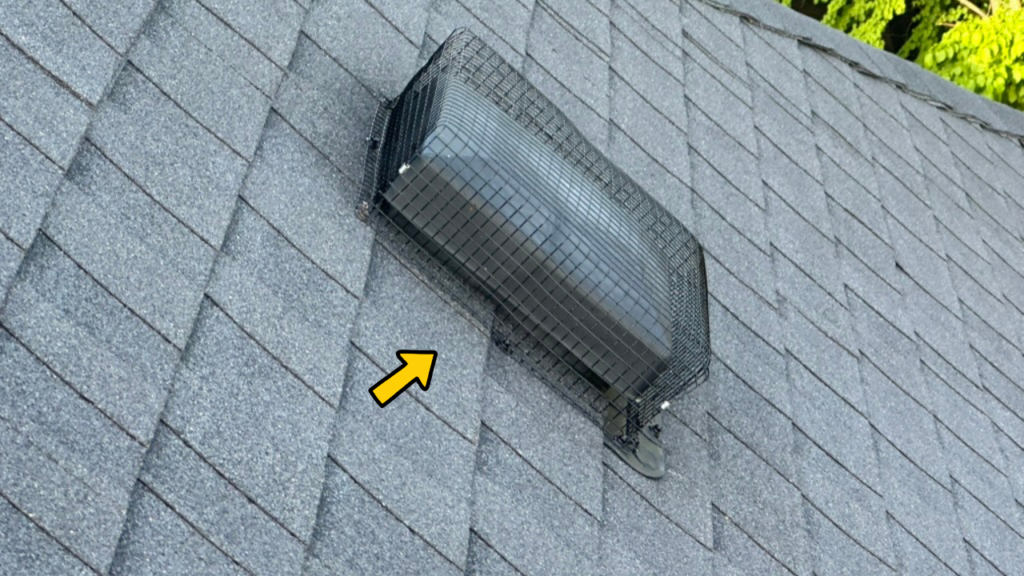 Bat-proof box screen installed over a black plastic roof vent on an Ontario home
