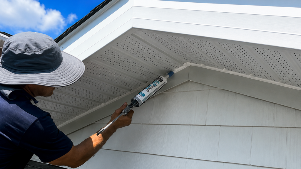 Bat control specialist sealing a large soffit gap beneath the roof overhang to prevent bats from entering the attic.