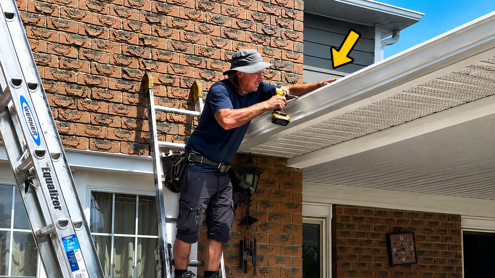 Technician retrofitting custom drip edge beneath existing shingles to correct a roof edge defect and protect against water damage.
