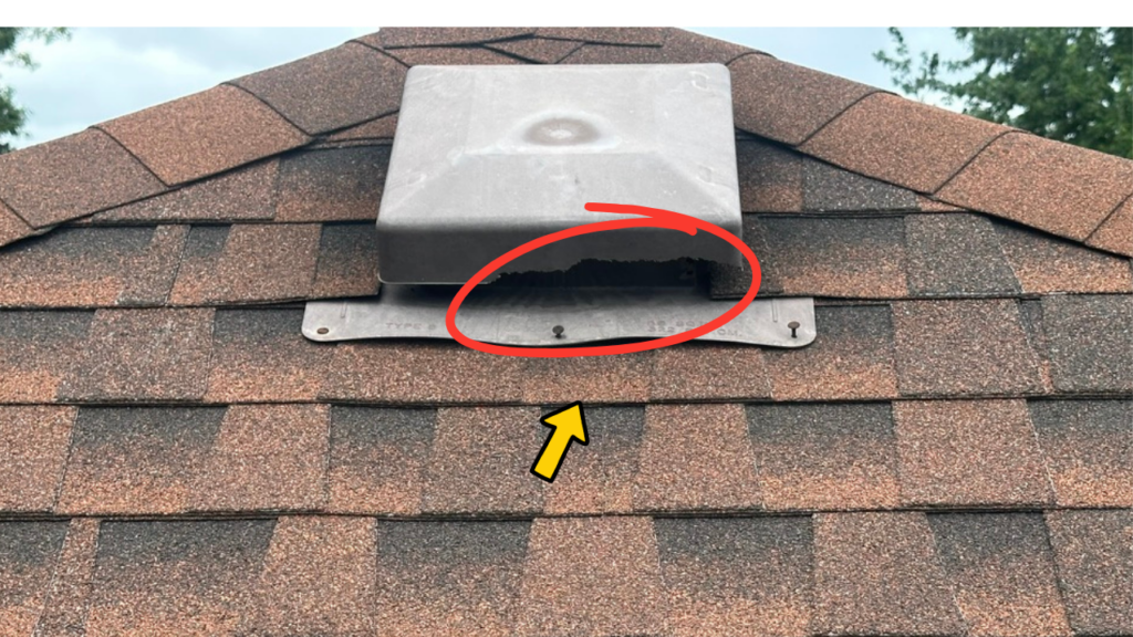 Damaged plastic roof exhaust vent on an Ontario home. The broken lower edge creates an opening that can allow bats to enter the attic.