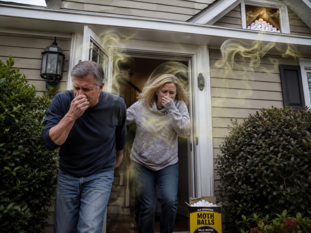 Homeowners covering their noses after mothball fumes from the attic make the house smell unbearable