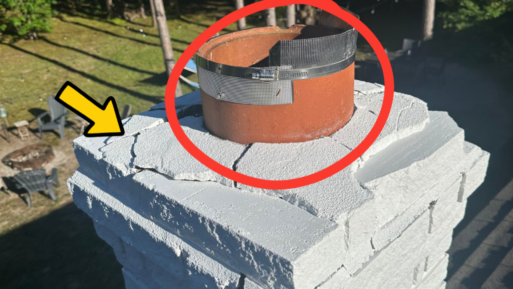Open chimney flue and severely cracked chimney crown on an Ontario home. Uncapped chimneys can allow bats and other wildlife to enter the structure.