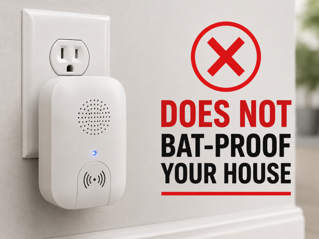 Plug-in ultrasonic pest control device with message that it does not bat-proof your house