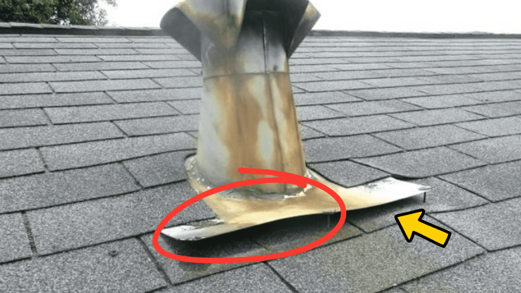 Roof vent with loose flashing lifted above the shingles, creating large gaps beneath the vent assembly.