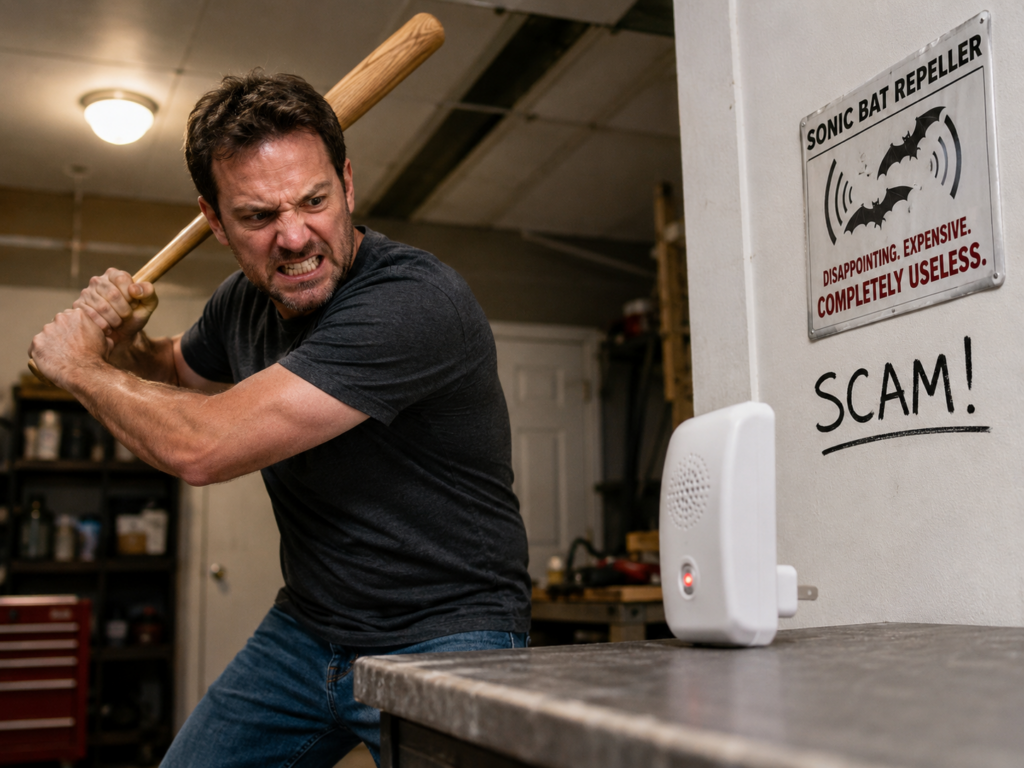Angry homeowner about to smash a useless sonic bat repeller labeled as a scam