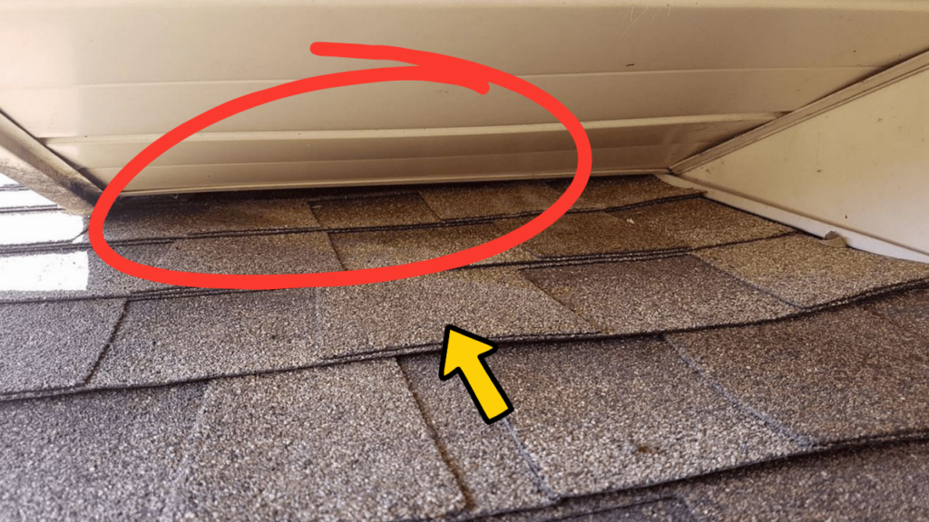 Open gap between the soffit and roof shingles on a residential Ontario home. The construction defect allowed bats to enter the attic and establish a colony inside the structure.