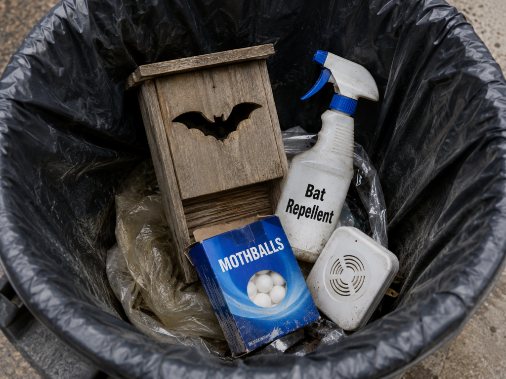 Bat house, mothballs, bat repellent, and sonic noisemaker thrown in a garbage can