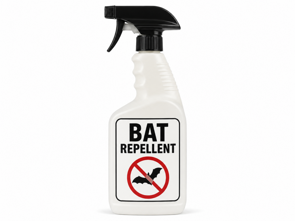 Spray bottle labeled bat repellent shown as a fake solution for bats in a house
