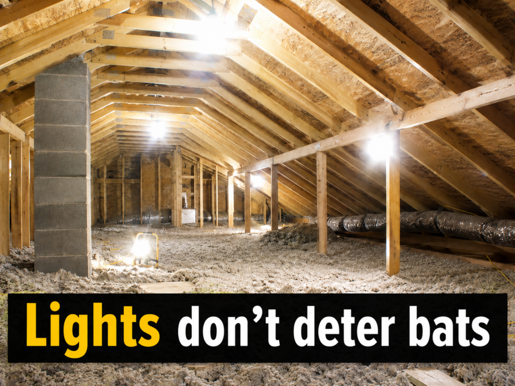 Bright lights in an unfinished attic showing that lights do not deter bats from a house