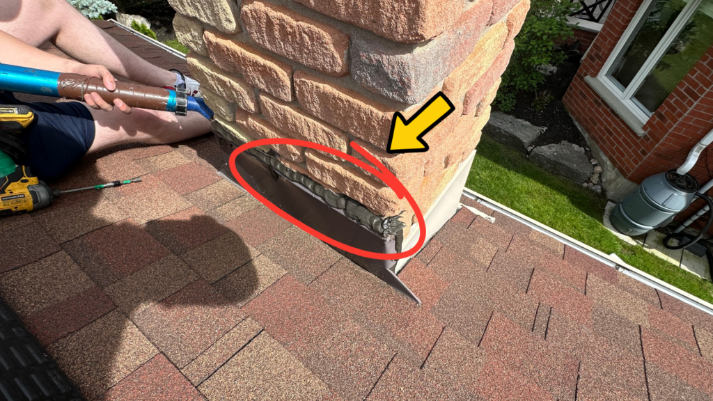 Chimney flashing gap sealed with pure roof silicone to keep bats out