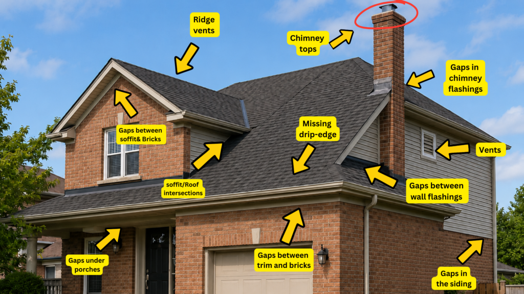 Arrows pointing to common gaps on a house where bats may enter, including ridge vents, chimney tops, soffit gaps, siding gaps, roof intersections, and missing drip edge.