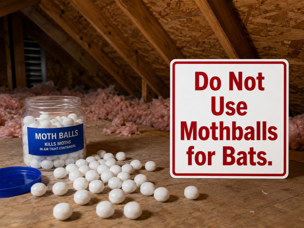 Warning sign in attic saying do not use mothballs for bats