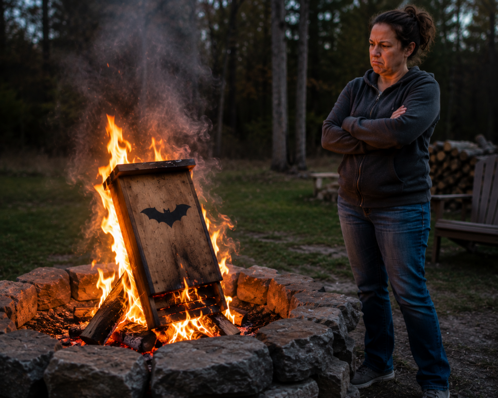 Homeowner watching a bat house burn after realizing it will not remove bats from the house