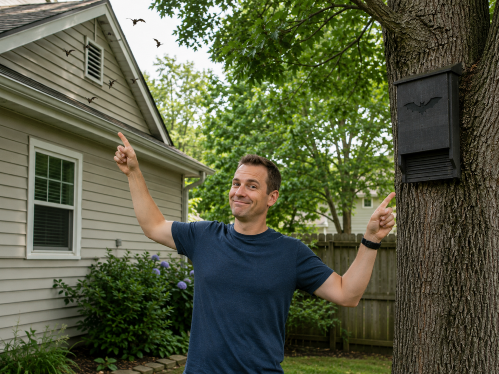 Homeowner pointing to bats in the attic and a bat house on a tree, thinking the bats will move out of the house