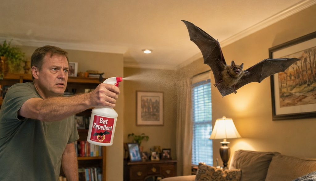 Homeowner spraying a bottle labeled bat repellent at a bat flying inside the living room