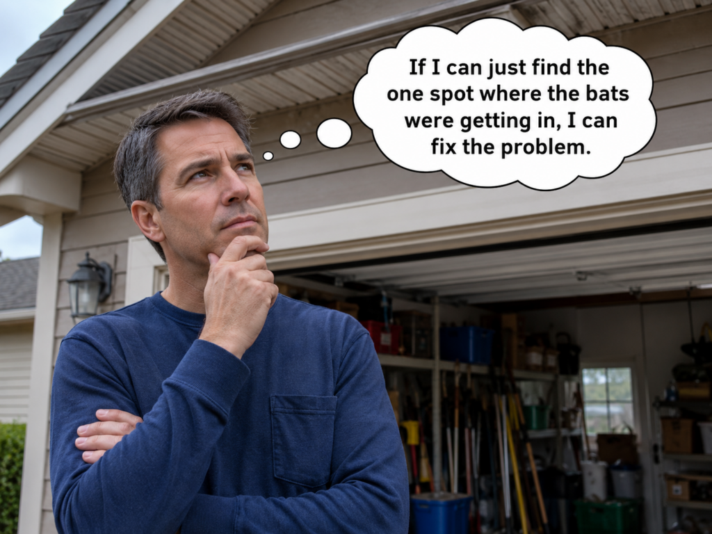 Homeowner spraying a bottle labeled bat repellent at a bat flying inside the living room