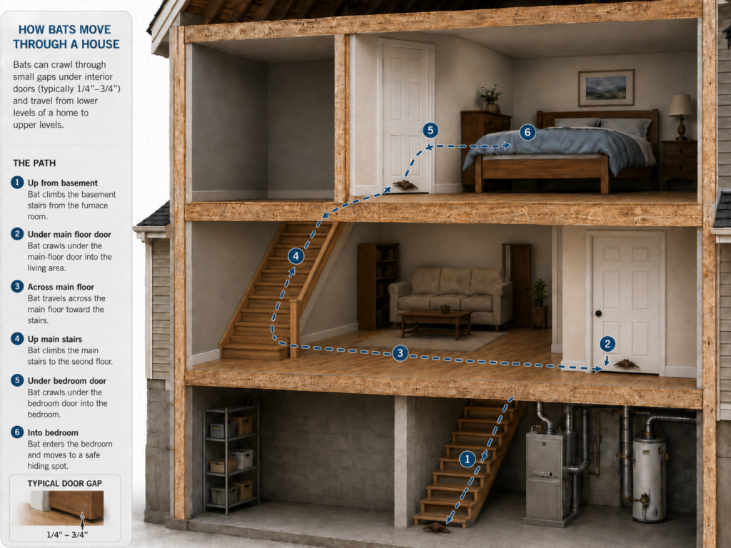 Cross-section diagram showing how a bat moves from an unfinished basement up the stairs, under interior doors, and into a second-floor bedroom.
