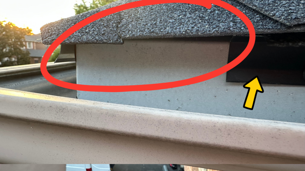 Small section of missing drip edge at roof corner that can allow bats into the house