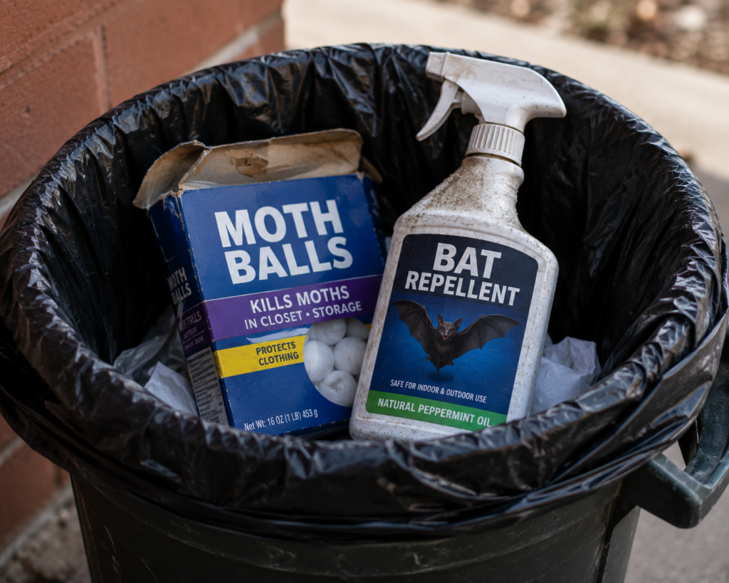 Box of mothballs and bottle of bat repellent sitting in a garbage can