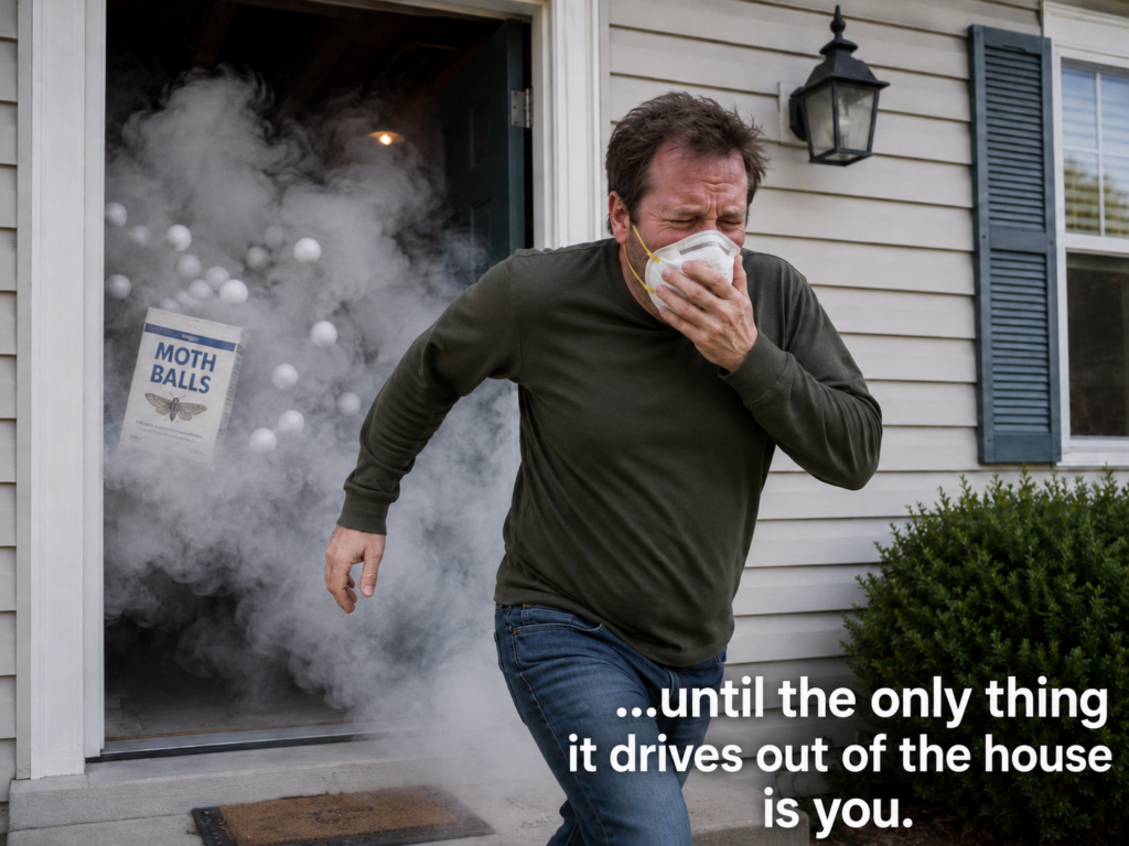 Homeowner running out of a house overwhelmed by mothball fumes after trying to use mothballs for bat control.