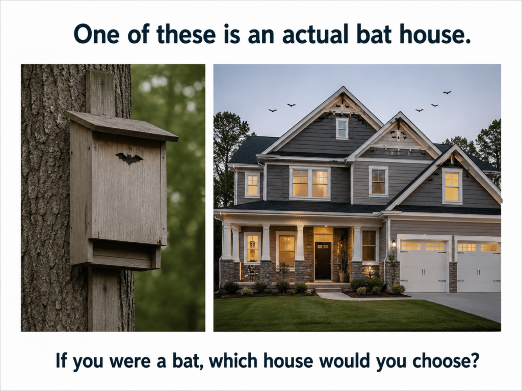 Comparison image of a bat house beside a regular house with text asking which house a bat would choose