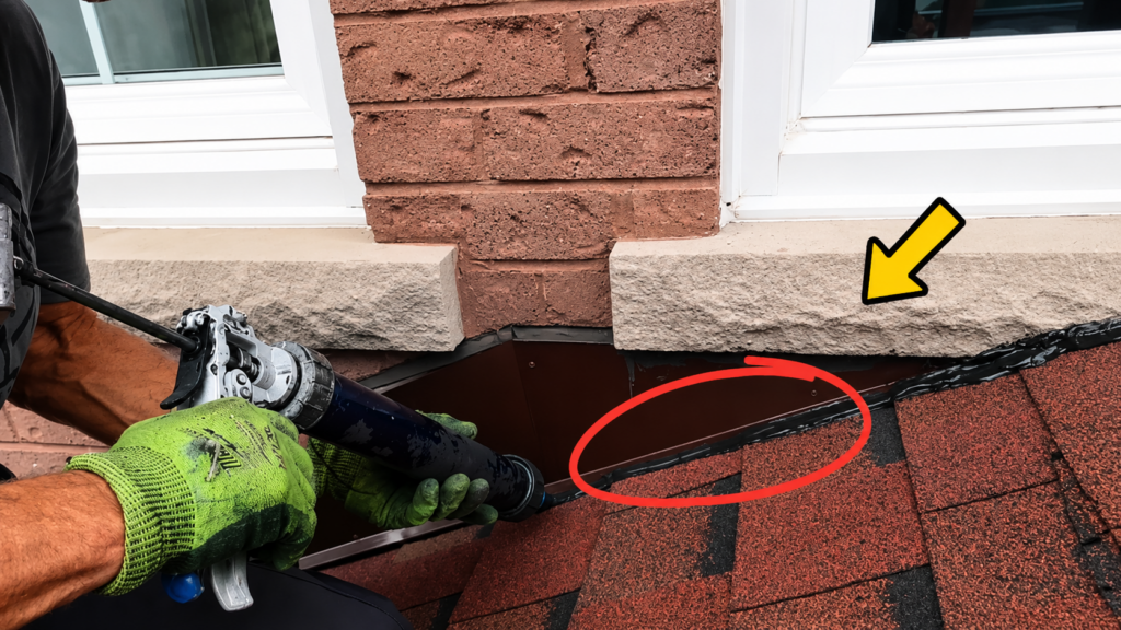 Gap below window and roof flashing being sealed to prevent bats from entering the structure