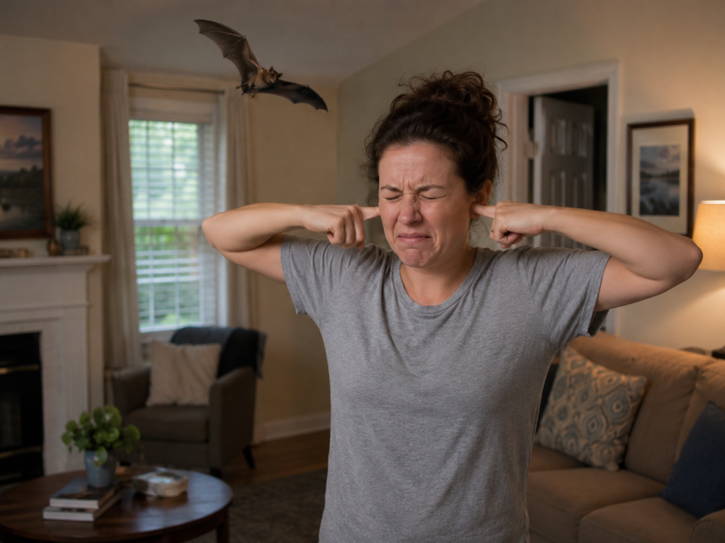 Woman standing in her living room with eyes shut and fingers in her ears while a bat flies around her head
