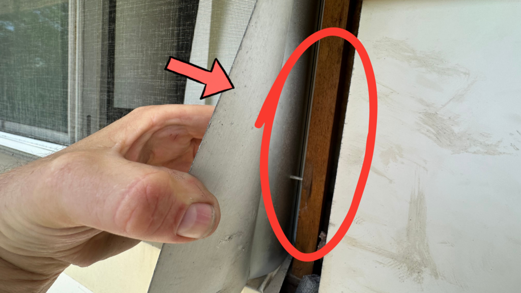 Loose siding trim pulled back to show a hidden gap bats can use.
