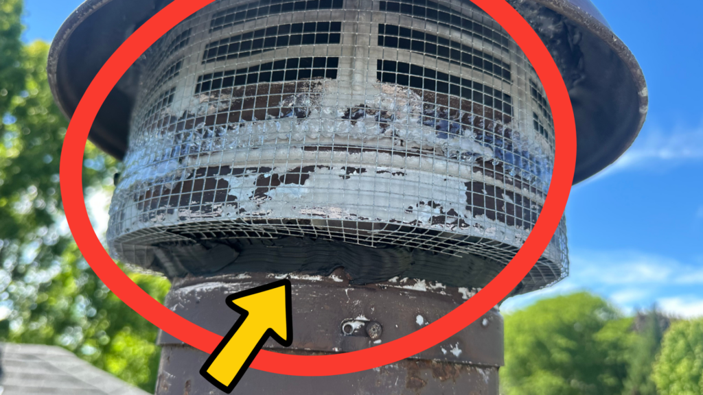 After photo of a gas vent chimney cap that has been bat-proofed with screening to prevent bats from entering through the vent openings.