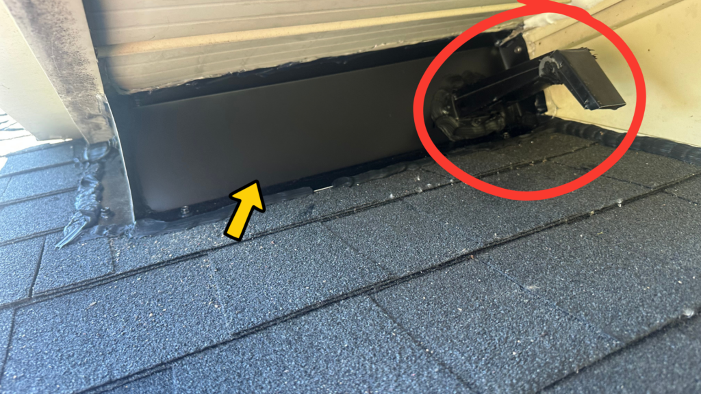 Custom box flashing and aluminum bat excluder installed over a soffit-shingle gap.