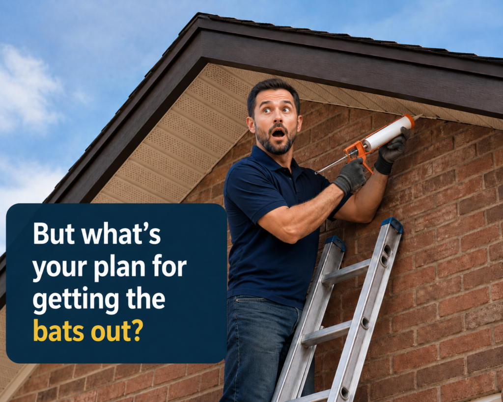 Alt text: Man on a ladder pauses while sealing a roofline gap and looks surprised, with text asking what the plan is for getting the bats out.