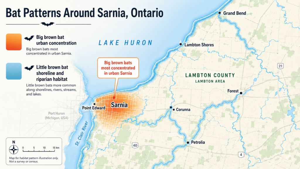 Map of Sarnia Ontario showing big brown bats concentrated in urban Sarnia and little brown bats more common along Lake Huron, rivers, streams, and shoreline habitat.