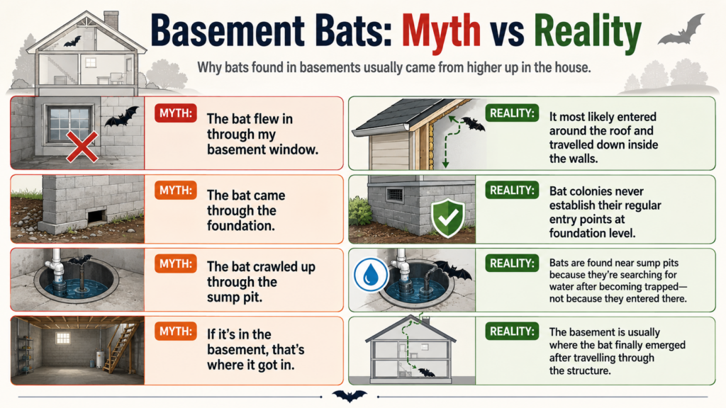 Infographic explaining that bats found in basements usually enter near the roof and travel down through walls rather than entering through windows, foundations or sump pits.