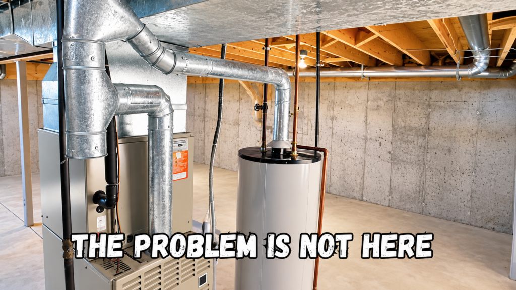 Bright unfinished basement with furnace, water heater and ductwork under the caption “The problem is not here.”