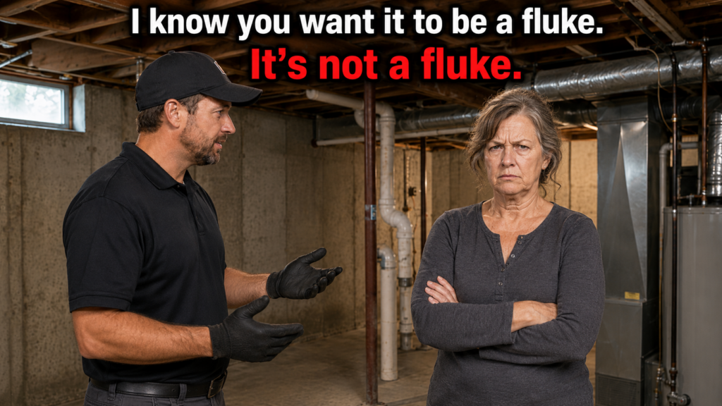 Bat control specialist explains to a doubtful homeowner that a bat found in an unfinished basement is not a fluke.