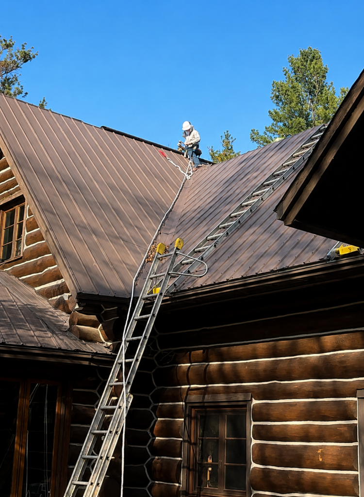 Bat control technician working safely on the steep metal roof of a log home in Ontario