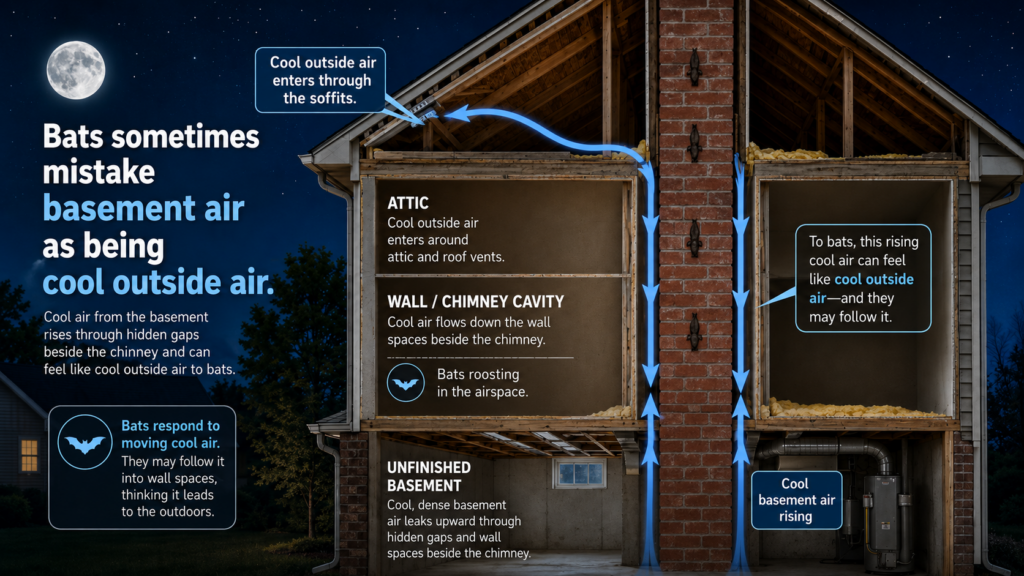 Cutaway infographic showing bats following cool night air through gaps beside a brick chimney and down toward an unfinished basement.