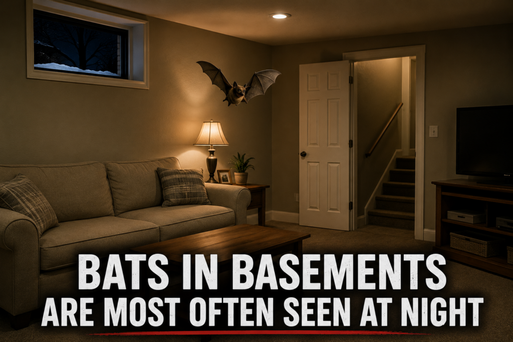 Big Brown Bat flying through a finished basement at night with a dark window visible in the background.