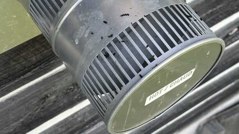 Exterior gas fireplace vent with bat droppings visible on the vent cap, indicating repeated bat activity.