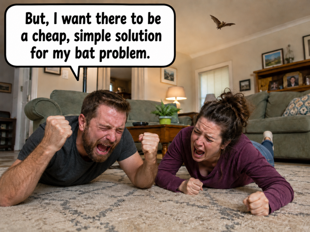 Frustrated homeowners throwing a tantrum while a little brown bat flies inside their living room