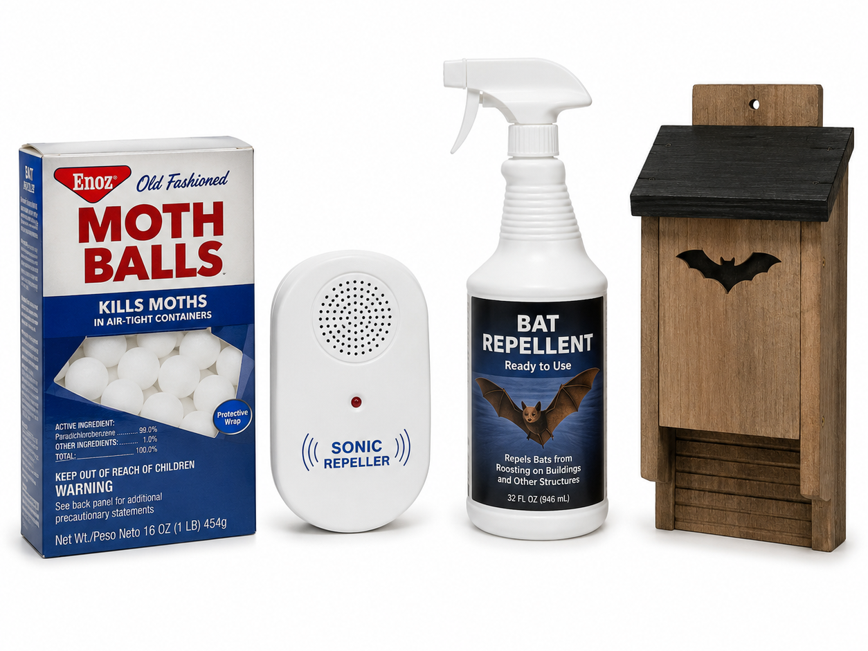 Mothballs, sonic repeller, bat repellent spray, and bat house shown as common cheap cures homeowners try for bat problems.