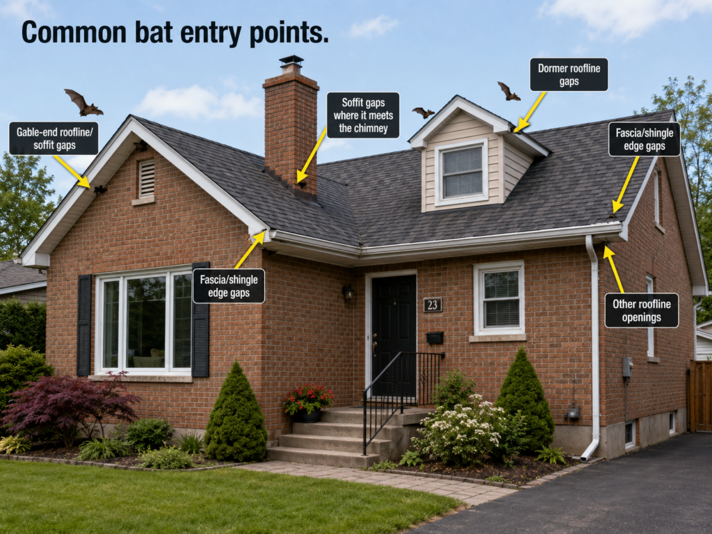Diagram of a single-story brick house with a dormer and chimney, showing common bat entry points around soffits, rooflines, fascia, dormer edges, and where the soffit meets the chimney.