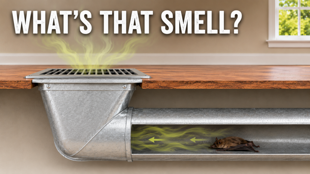 Illustration showing a dead Big Brown Bat inside residential ductwork with odours travelling through the duct and out a floor heat register.
