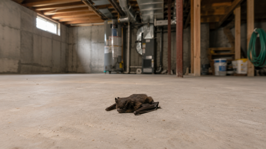 Dead bat lying on the concrete floor of an unfinished basement.