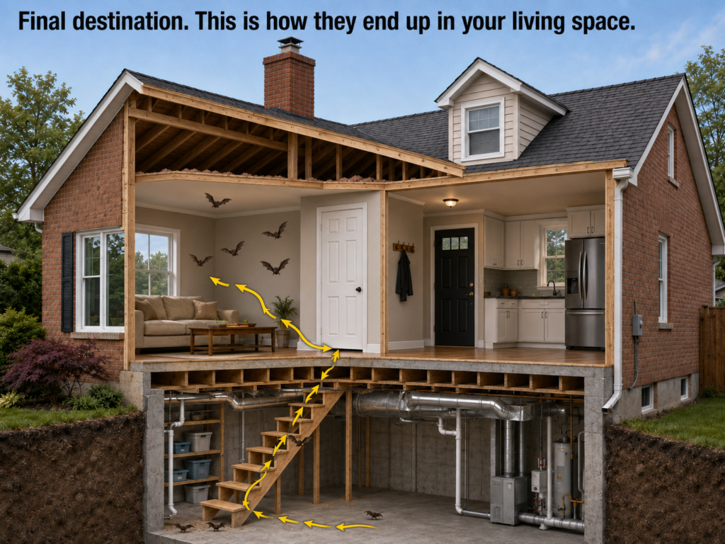 Cutaway house diagram showing bats coming from the basement, traveling under unfinished basement stairs and under a door, then flying up into the main living space.