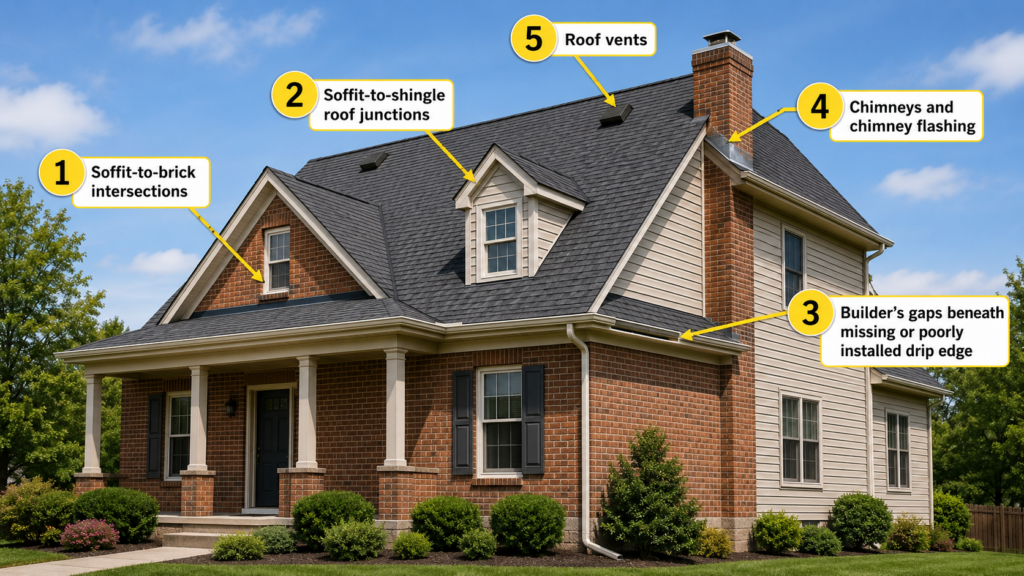 Annotated house diagram showing five common bat entry points including soffit-to-brick intersections, soffit-to-shingle roof junctions, missing drip edge gaps, chimney flashing and roof vents
