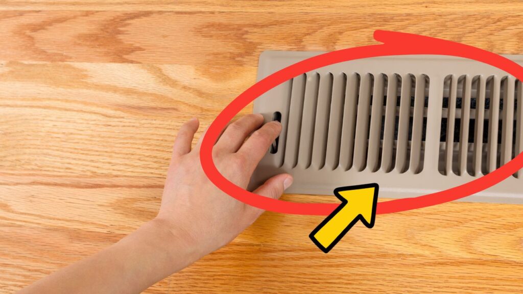 Floor heating register with gaps around the vent that can allow trapped bats to enter residential ductwork.