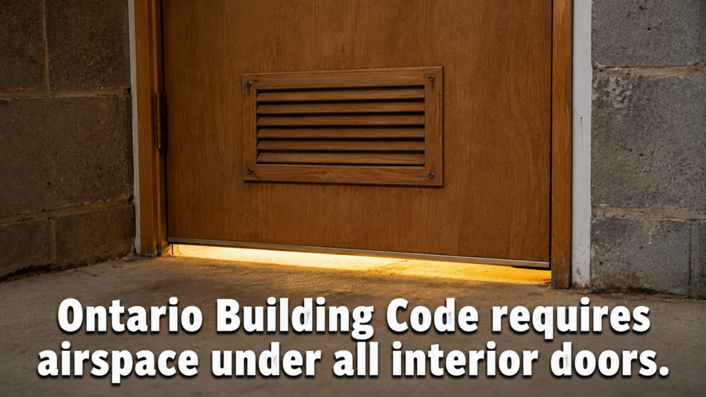 Wooden furnace room door with a louvered vent and visible air gap beneath the door allowing airflow into the mechanical room.