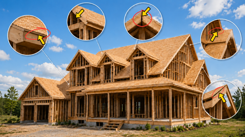 Exposed GTA-style house framing with close-up bubbles, arrows, and red circles showing roof deck, fascia, dormer, soffit, and gable framing gaps where bats can later enter.